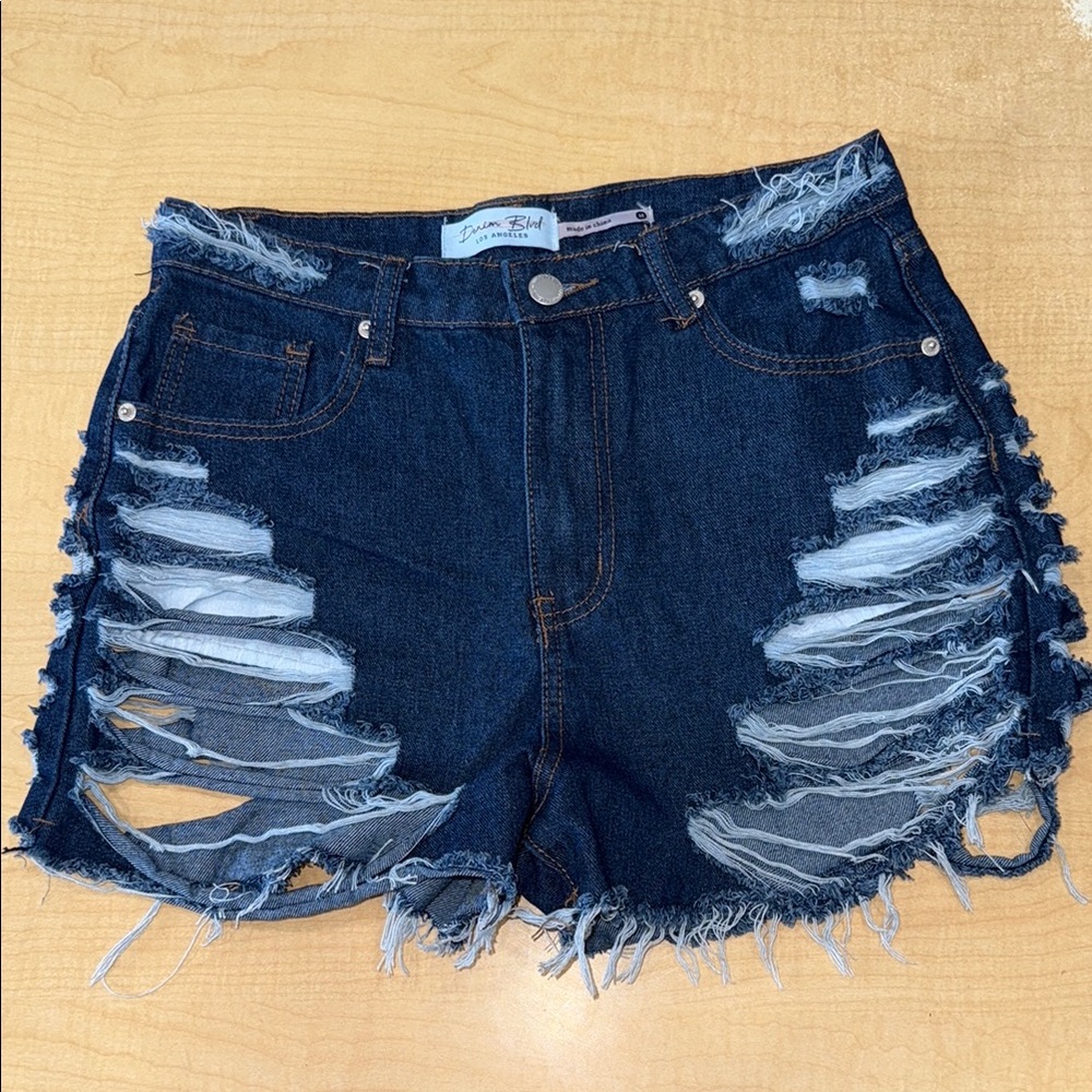 Blue Distressed High-Waisted Jean Shorts